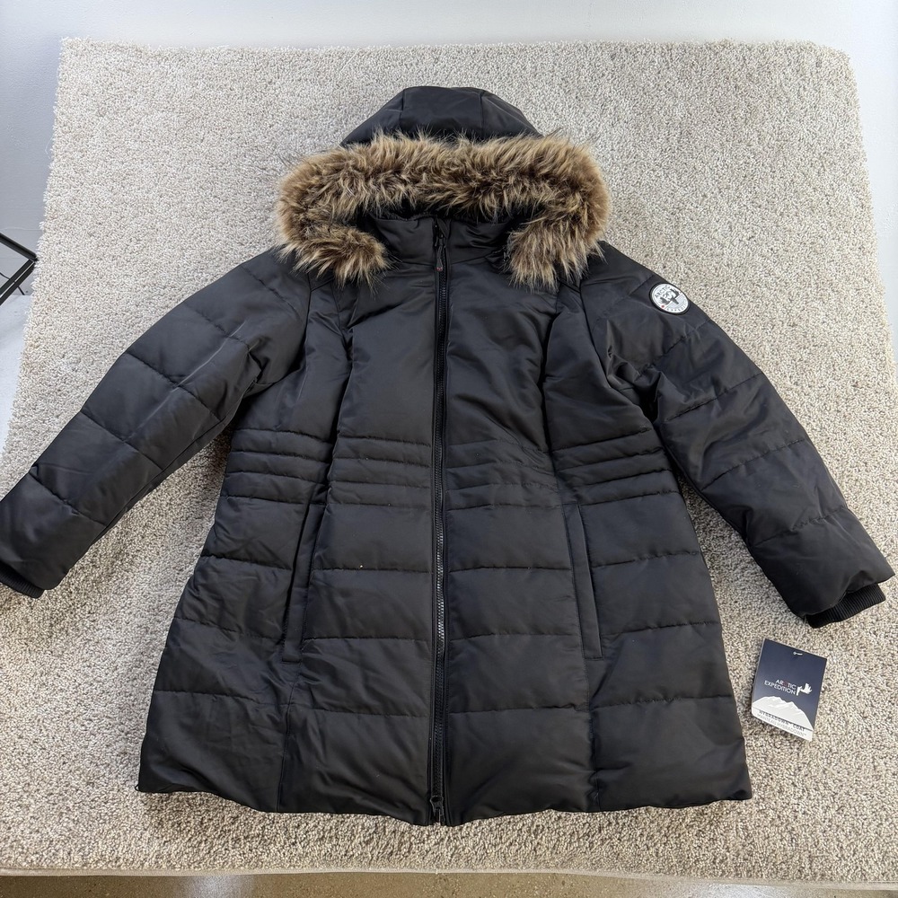 Arctic Expedition Coat Womens 1X Black Hybradown Hooded Fur Trim Parka Insulated
